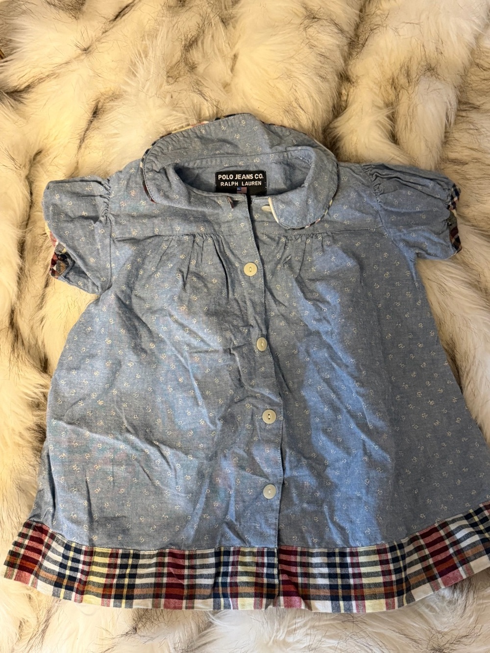 Polo by Ralph Lauren Light Blue Chambray Button-Front Girl's Top with Plaid Trim